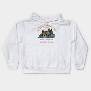 Full Tank of Scares: Road Trippin' to Mountain Chills. Halloweem, outdoors, camping, adventures Kids Hoodie